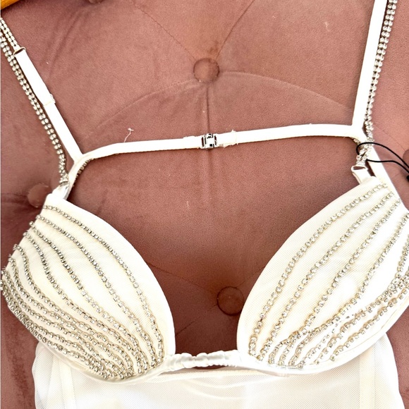 White Rhinestones Tulle Satin Bodysuit for Women Size Small - Picture 8 of 10